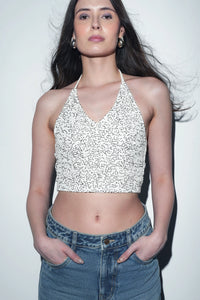 White Sequin Halter Tying Top