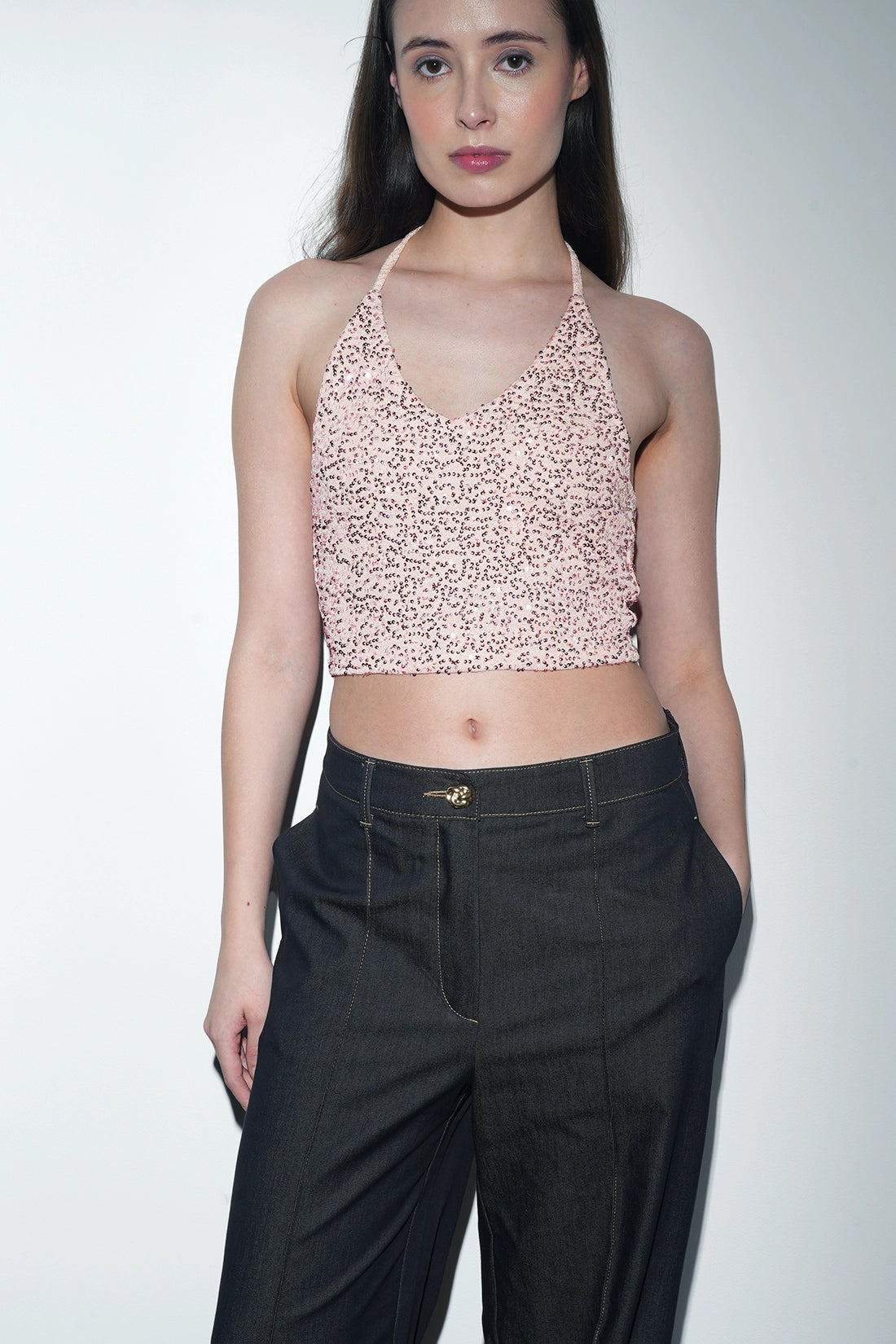 Pink Sequin Halter Tying Top