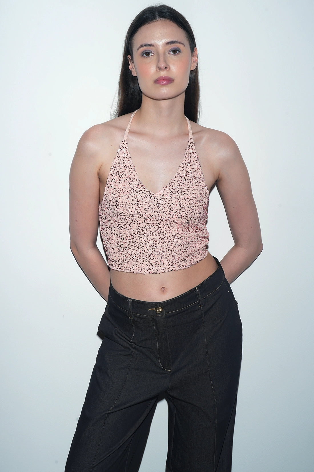 Pink Sequin Halter Tying Top