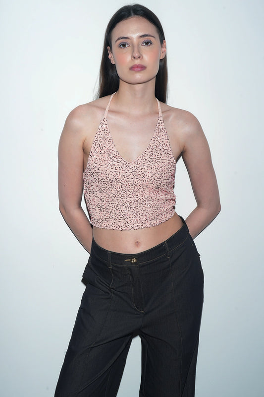 Pink Sequin Halter Tying Top
