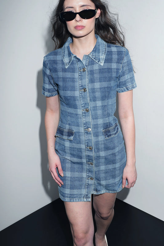 Check Pattern Denim Shirt Dress