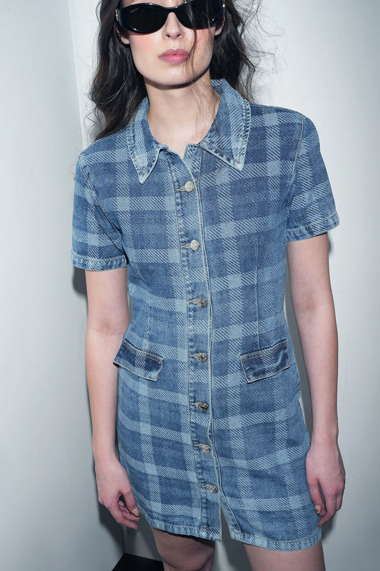 Check Pattern Denim Shirt Dress