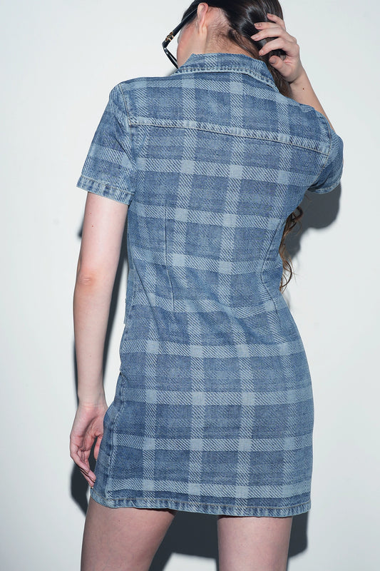 Check Pattern Denim Shirt Dress