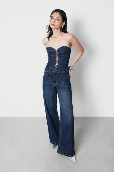 Dark-Wash Slubbed Straight Jeans