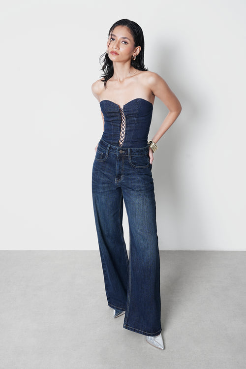 Dark-Wash Slubbed Straight Jeans