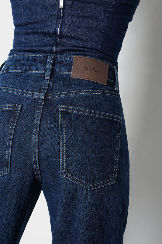 Dark-Wash Slubbed Straight Jeans