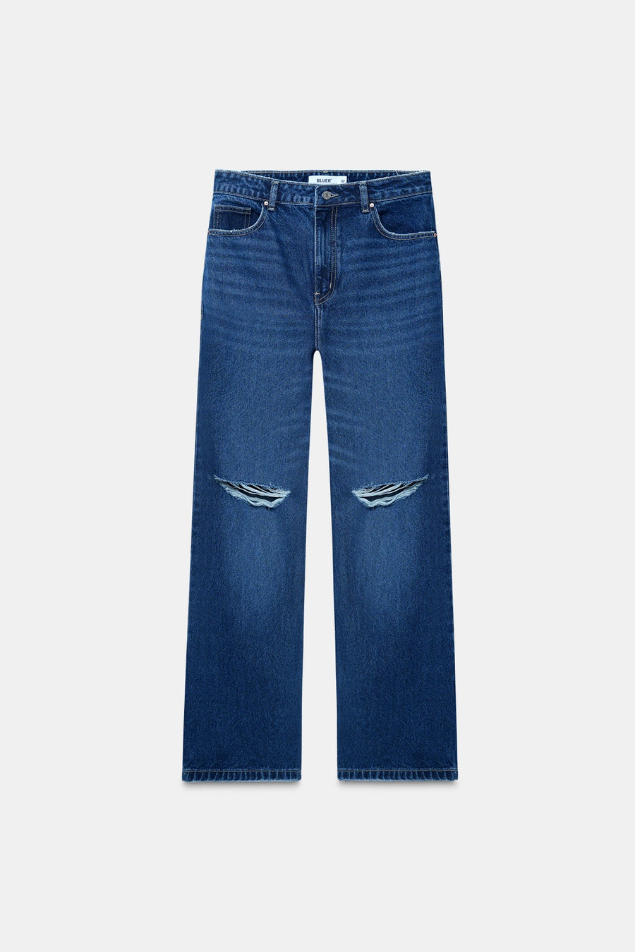 Dark Blue Straight Fit Ripped Jeans