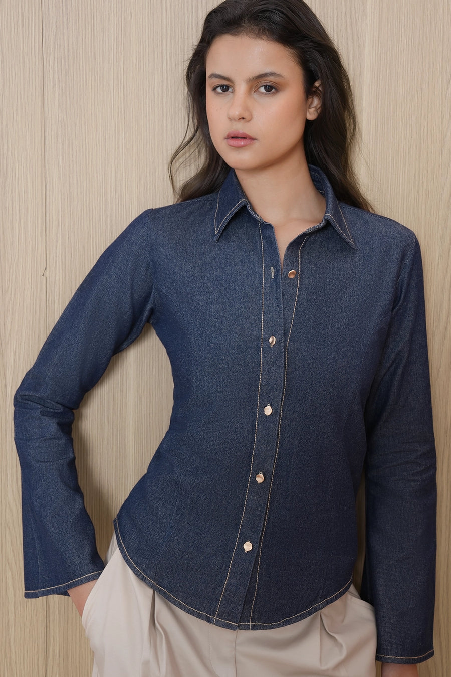 Denim Fitted Tie-Back Shirt