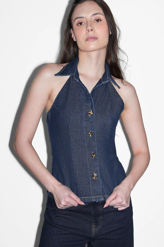 Denim Halter Buttoned Top