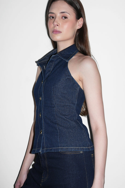 Denim Halter Buttoned Top