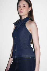 Denim Halter Buttoned Top