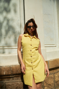 Buttoned Up Yellow Tweed Dress