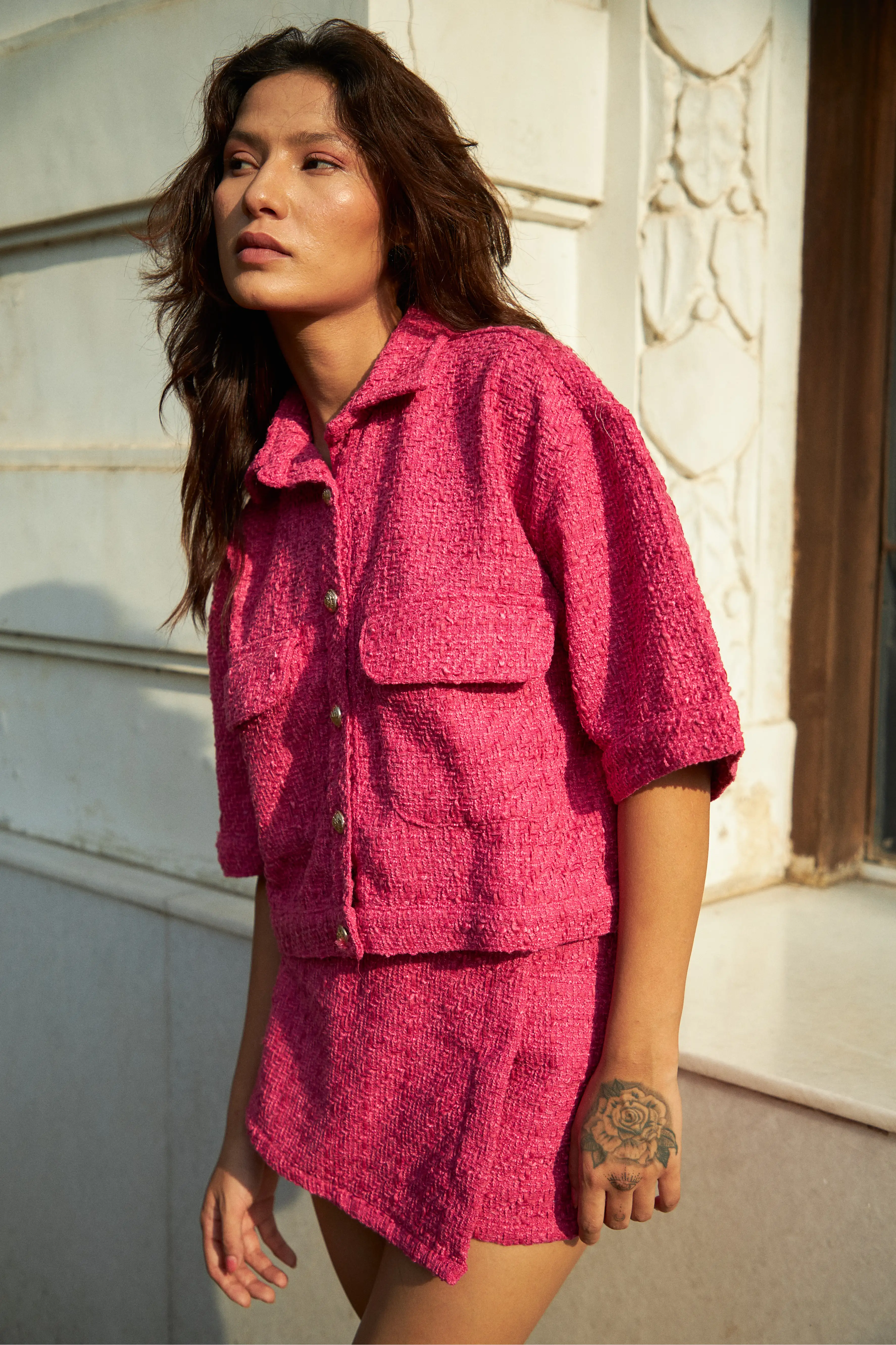 Fuschia Pink Oversized Tweed Jacket