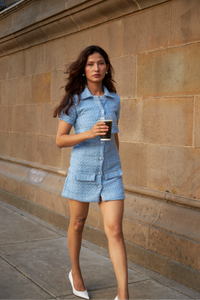 Buttoned Up Blue Collar Tweed Dress