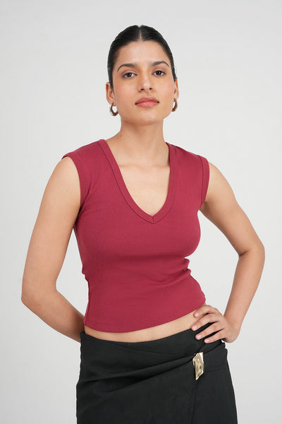 Faded Rose V-Neck Ribbed Top