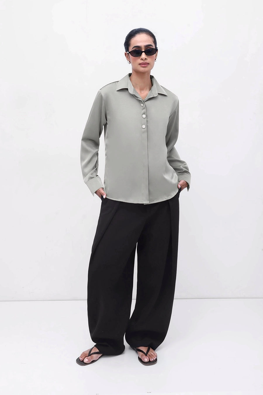 Sage Buttoned Satin Shirt