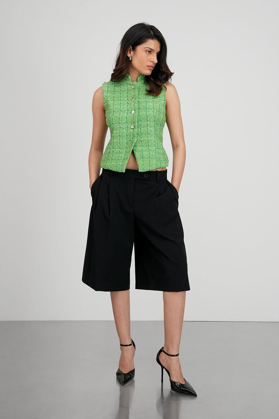 Green Collared Tweed Top