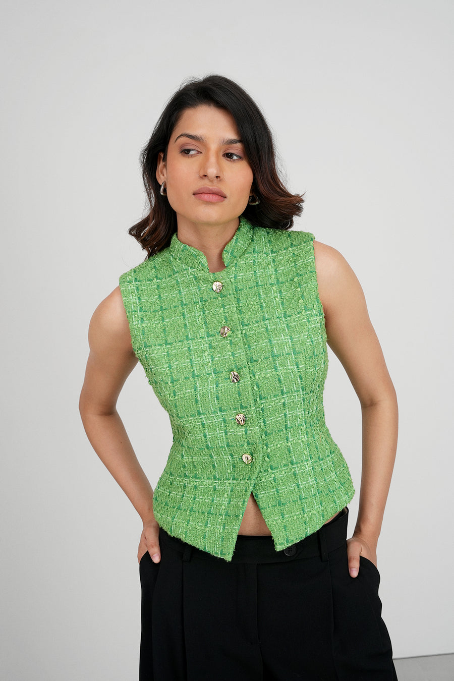 Green Collared Tweed Top