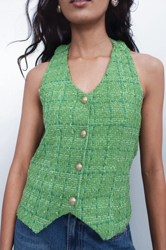 Green Halterneck Tweed Waistcoat