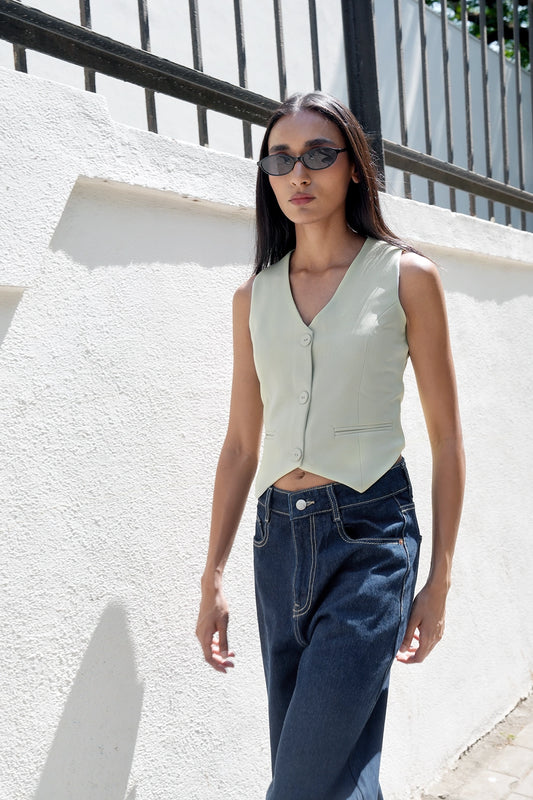 Green Tailored Buttoned Waistcoat