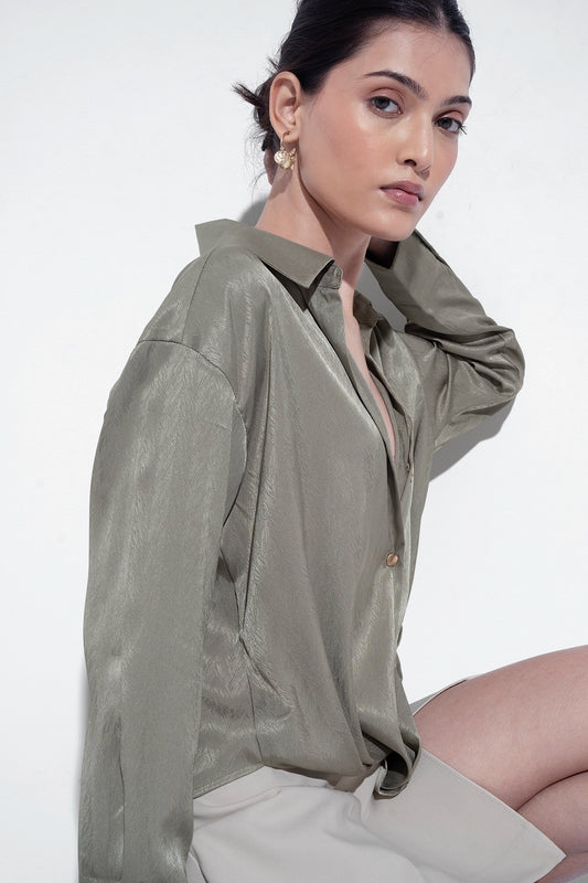 Green Textured Satin Knot Shirt