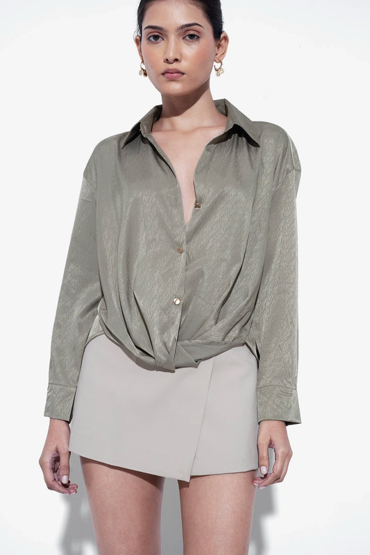Green Textured Satin Knot Shirt