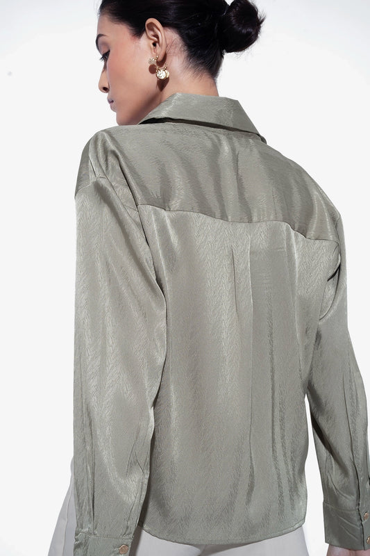 Green Textured Satin Knot Shirt