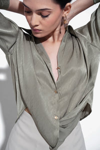 Green Textured Satin Knot Shirt