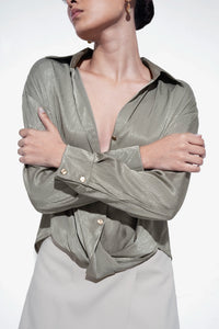 Green Textured Satin Knot Shirt