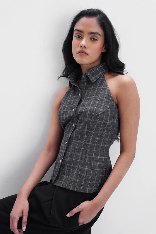 Grey Checkered Halter Shirt