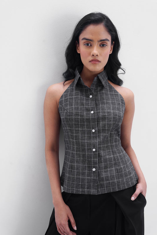 Grey Checkered Halter Shirt