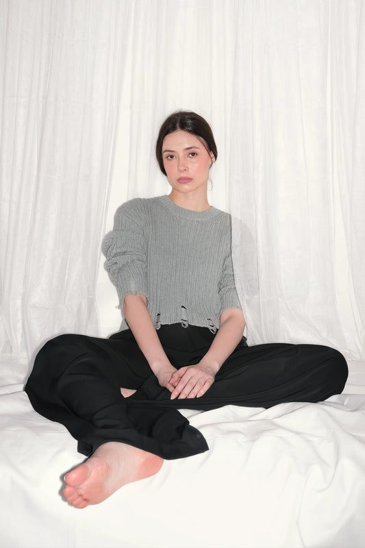 Grey Crop Ripped Sweater