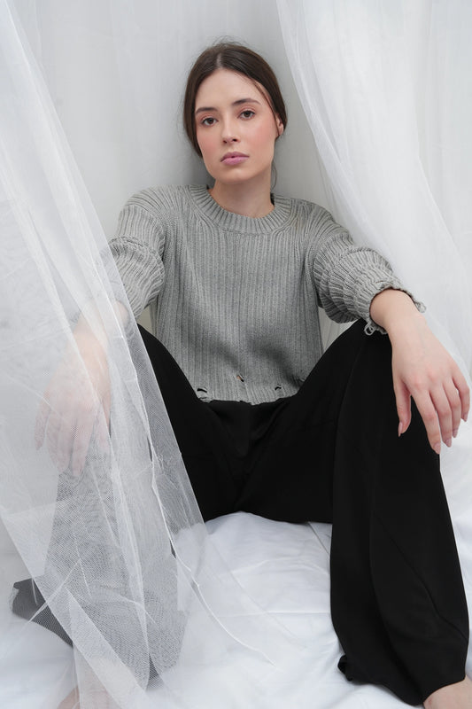 Grey Crop Ripped Sweater