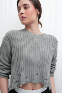 Grey Crop Ripped Sweater