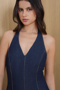 Halter-Neck Denim Midi Dress