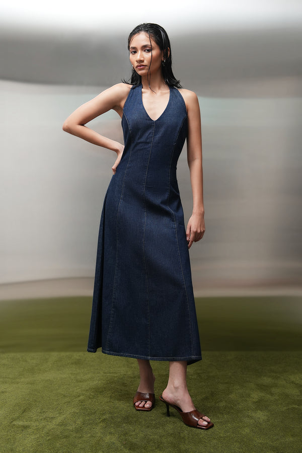 Halter-Neck Denim Midi Dress