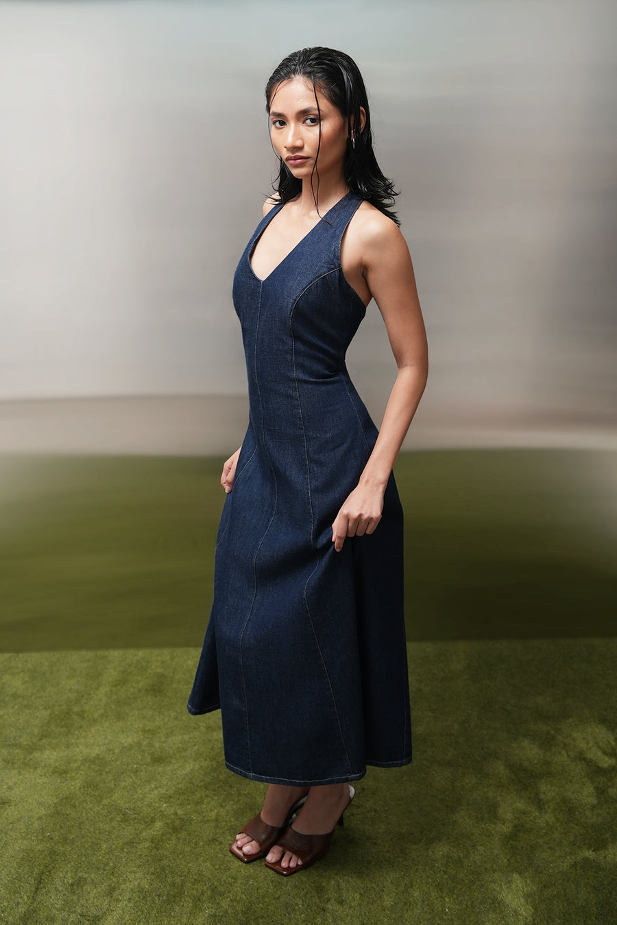 Halter-Neck Denim Midi Dress