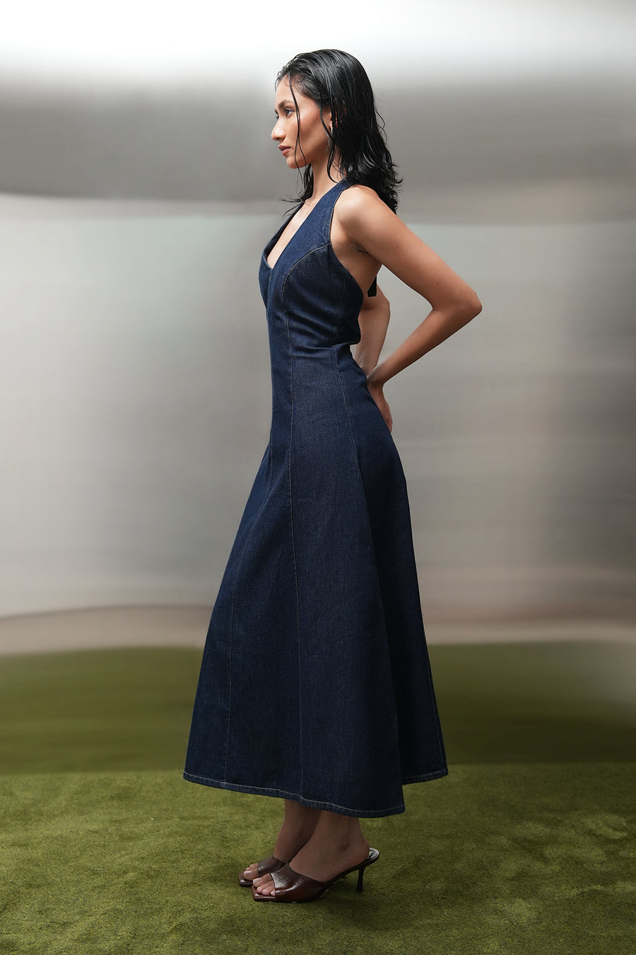 Halter-Neck Denim Midi Dress