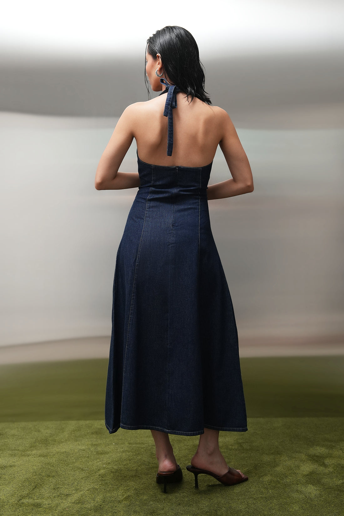 Halter-Neck Denim Midi Dress