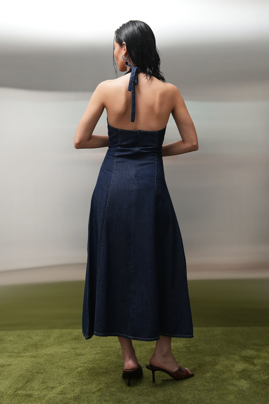 Halter-Neck Denim Midi Dress