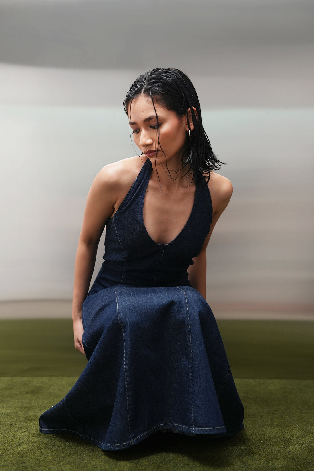 Halter-Neck Denim Midi Dress