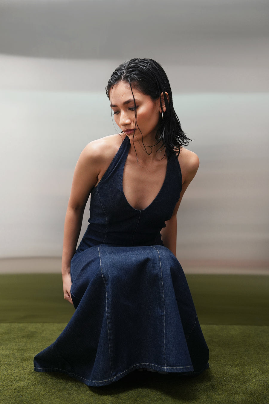 Halter-Neck Denim Midi Dress