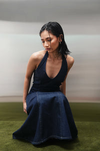 Halter-Neck Denim Midi Dress