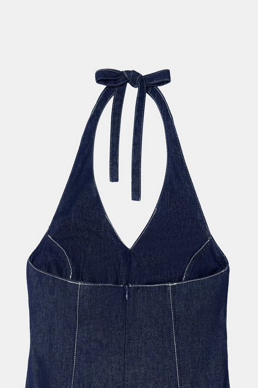 Halter-Neck Denim Midi Dress