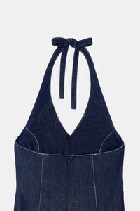 Halter-Neck Denim Midi Dress