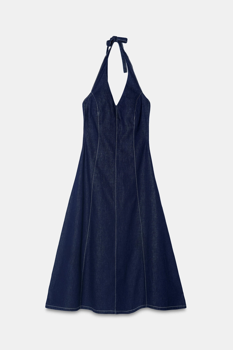 Halter-Neck Denim Midi Dress