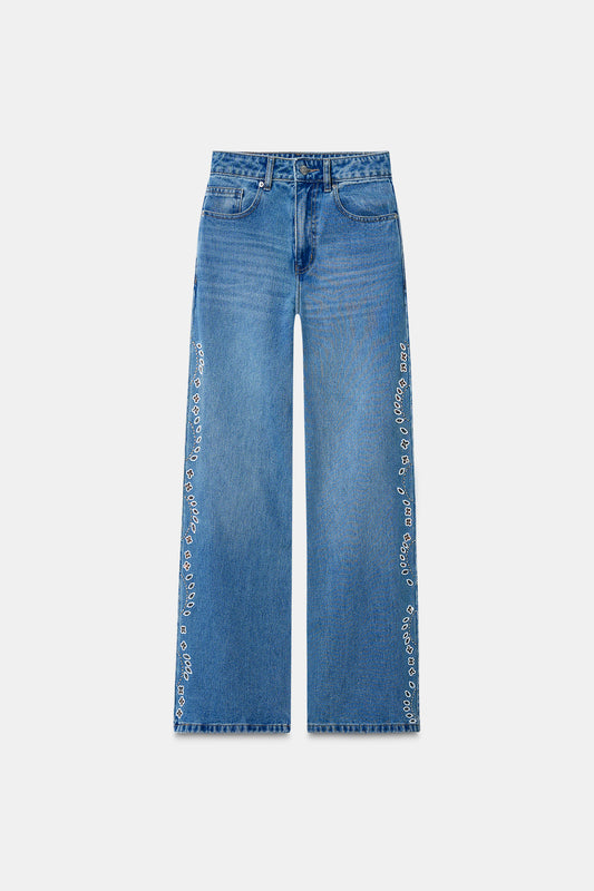 Hand Embroidered Floral Straight Jeans - Blue