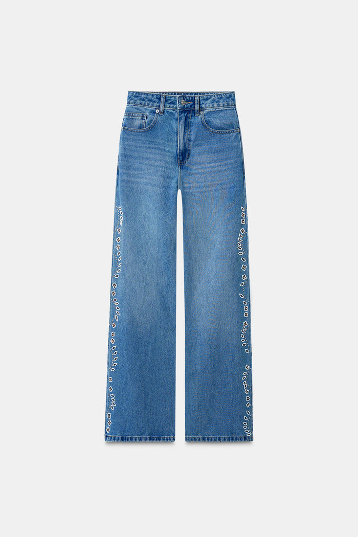 Hand Embroidered Floral Straight Jeans - Blue