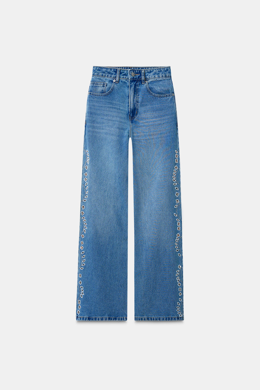 Hand Embroidered Floral Straight Jeans - Blue
