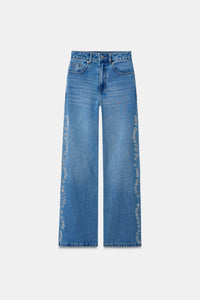 Hand Embroidered Floral Straight Jeans - Blue